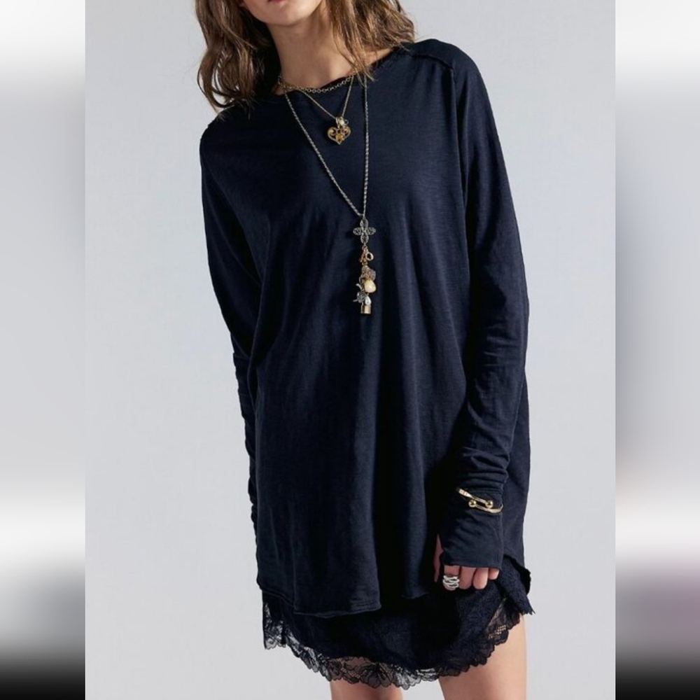 Free People Black Long Sleeve Top Oversized Sz Large Streetwear Lounge Cottageco